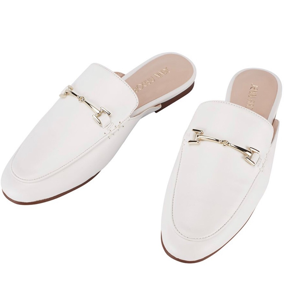 White Mules with gold Buckles